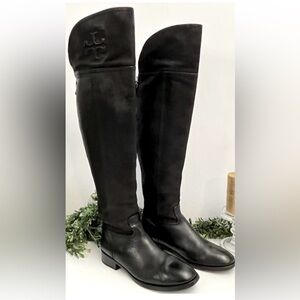 Tory Burch Black leather Over the Knee Boots logo, flat riding boot, hardto find